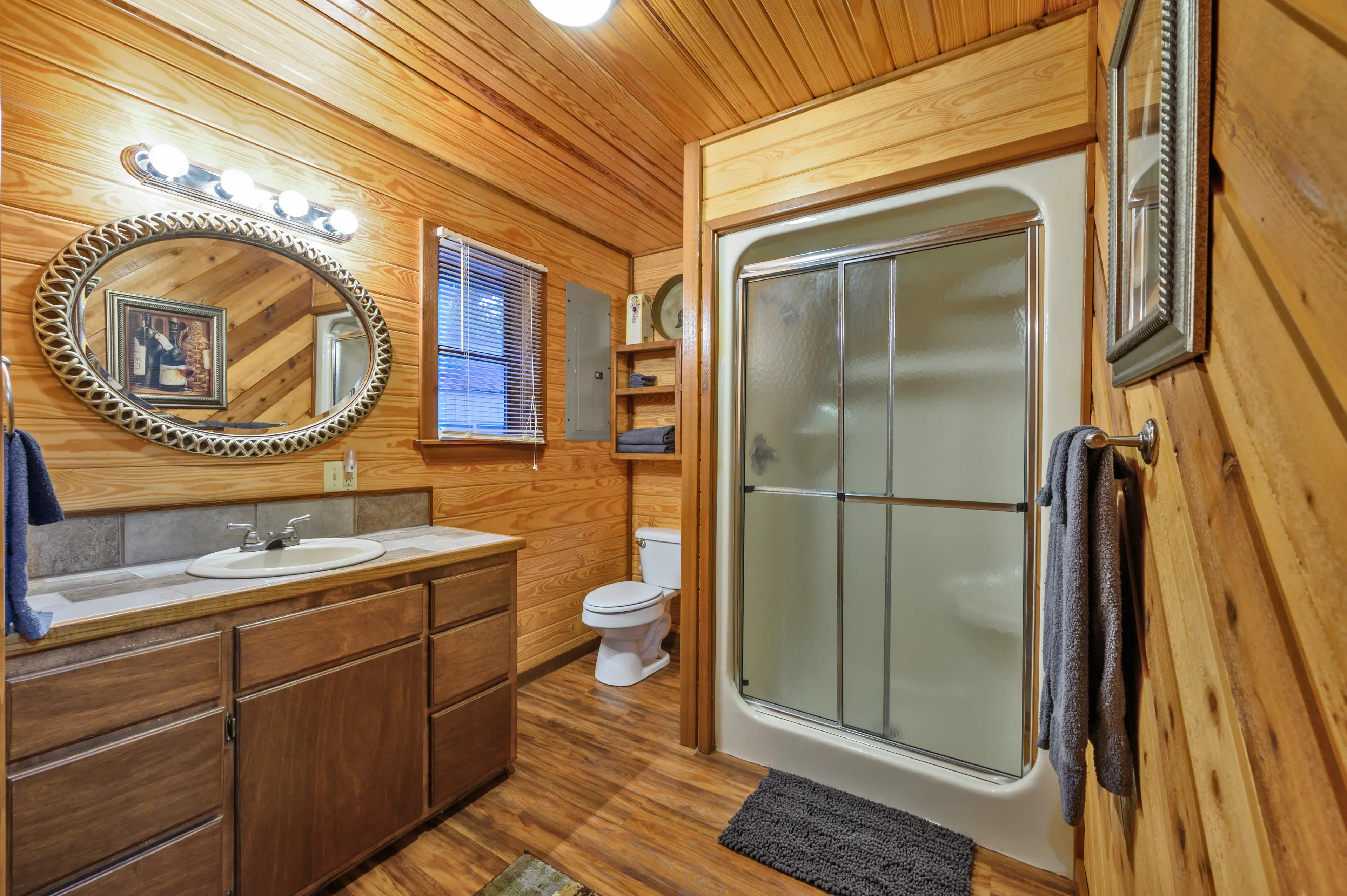 The downstairs bath just across from the downstairs bedroom.