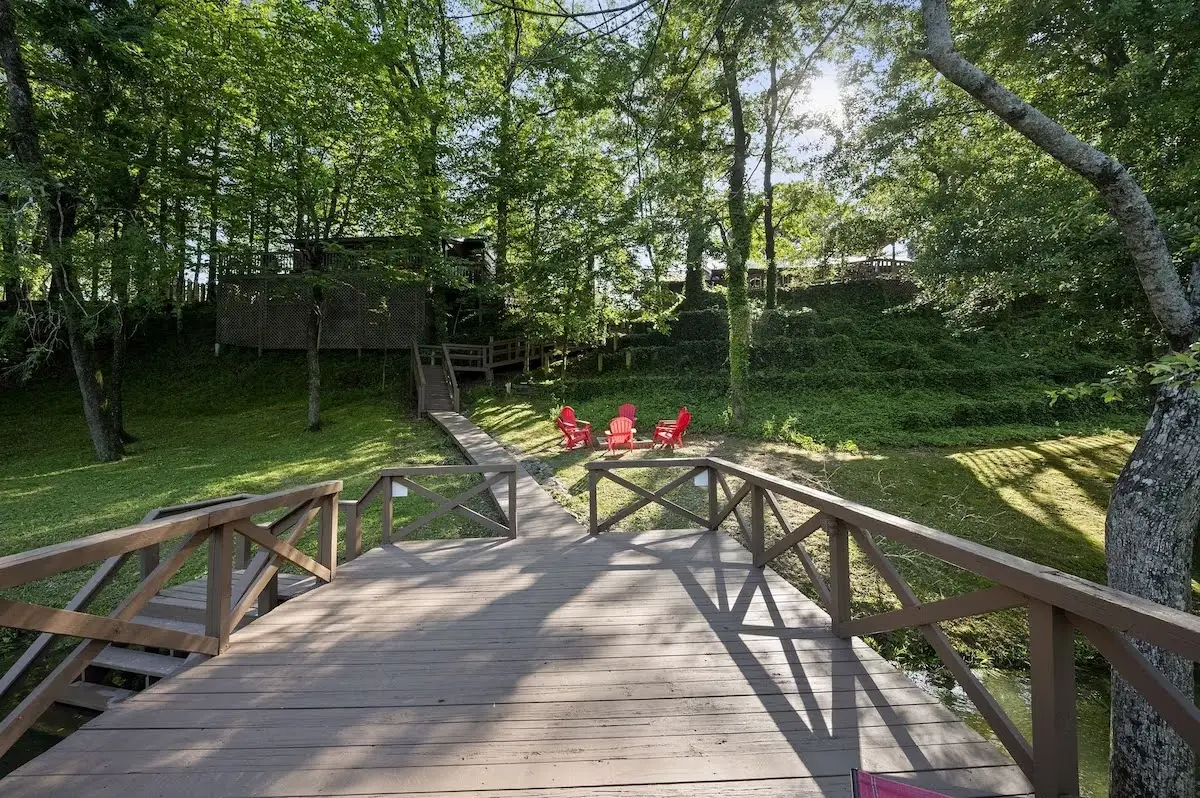 Looking back up at the cabin from the river deck