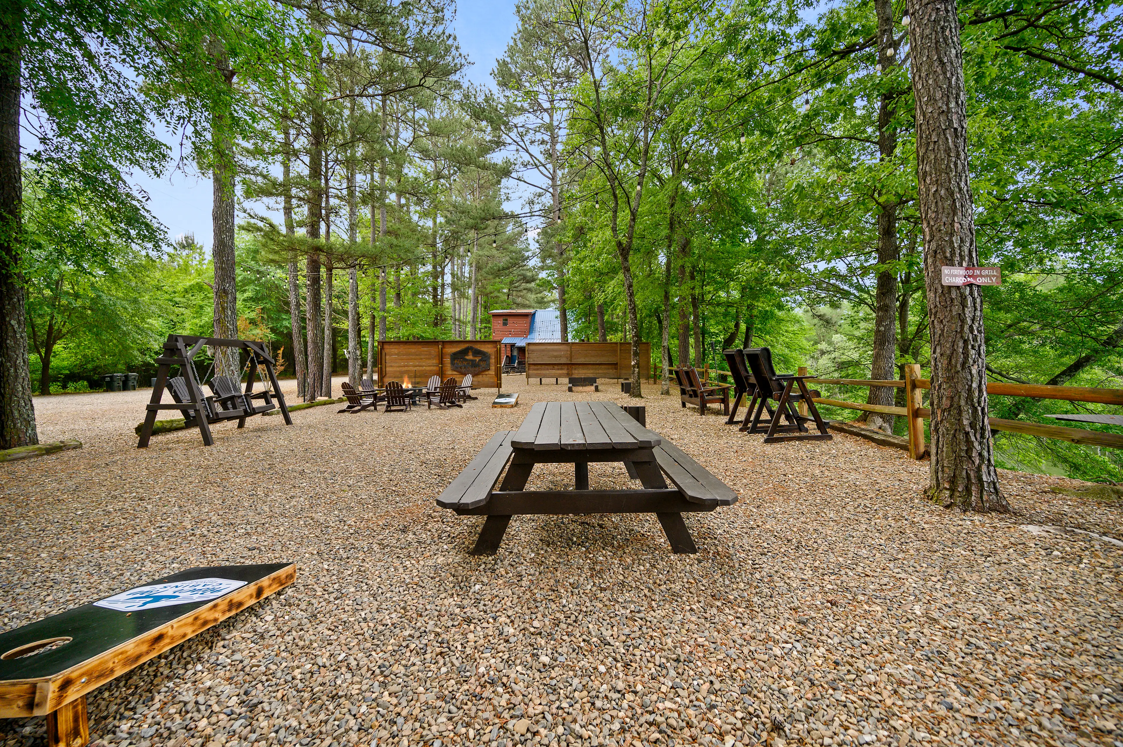 Play horseshoes, corn hole, or just relax in the swing by the fire pit!