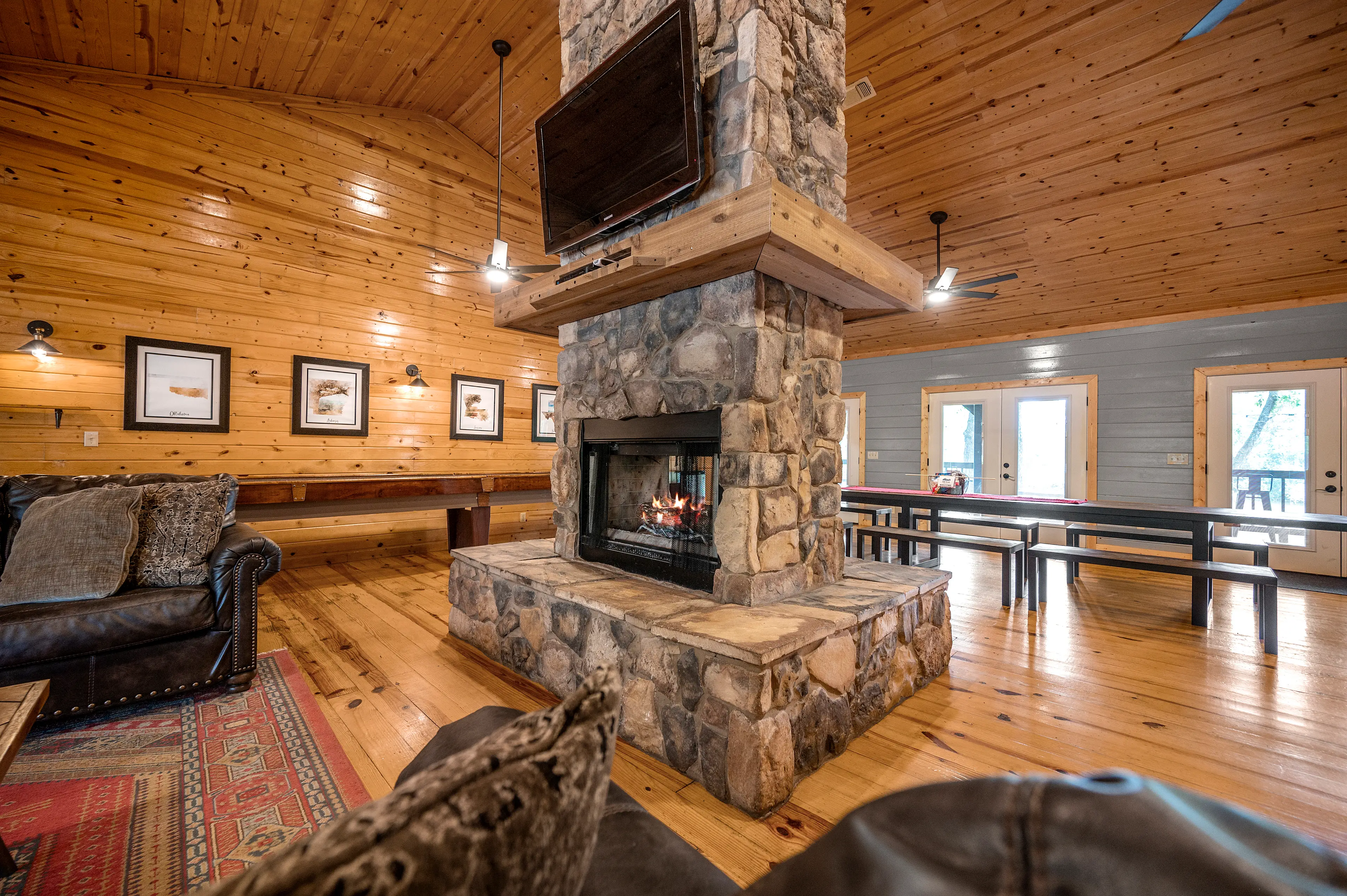 The fireplace separates the living area from the dining area.