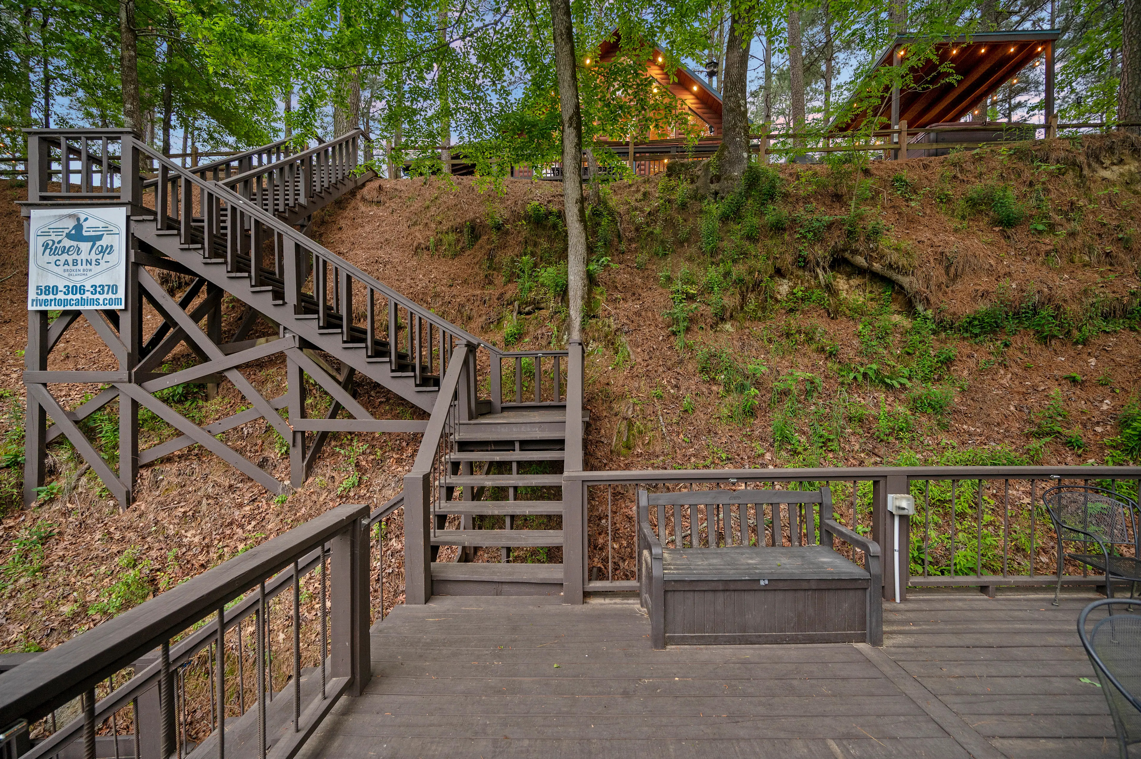 The stairs leading from the river deck back to the cabin