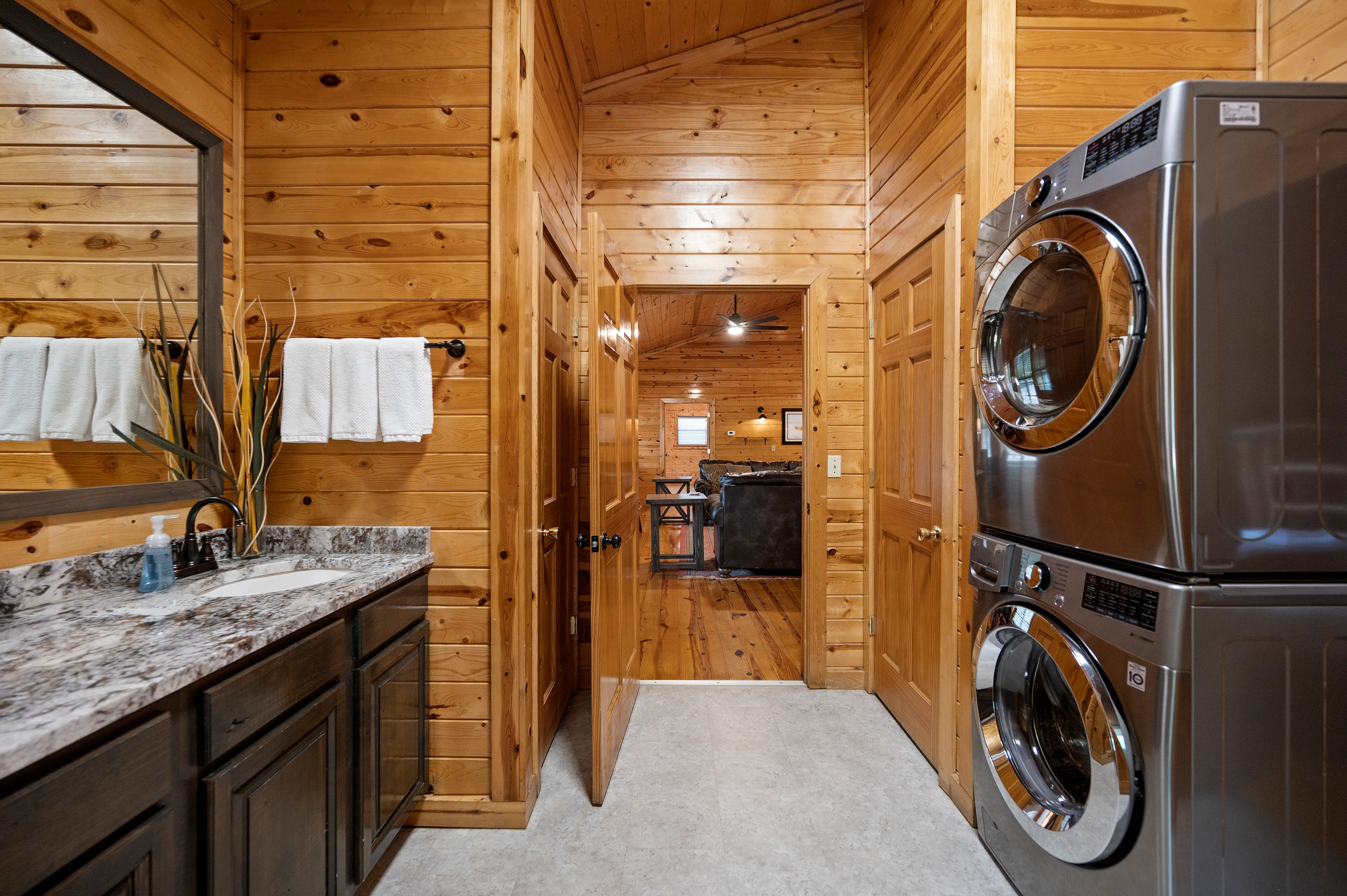 Two large baths on each side of the cabin. Both with a washer and dryer.
