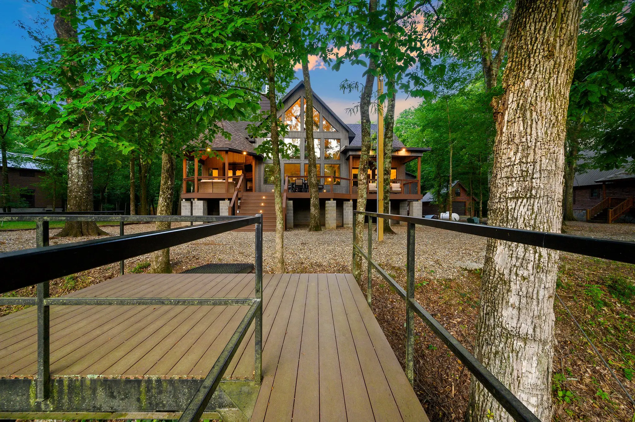 Standing on the floating dock looking back at the cabin.