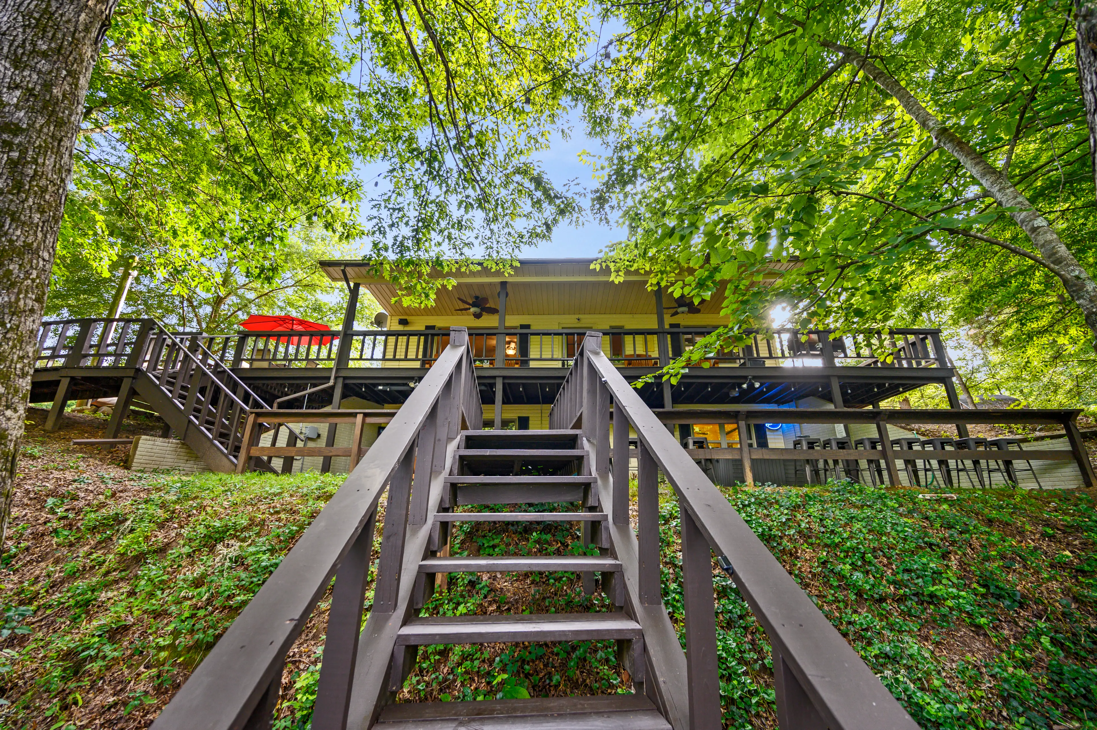 Looking back up at the cabin from the river deck!
